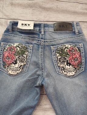 Sky Women's Light Blue Skinny Jeans with Embroidered Floral Skull Pockets